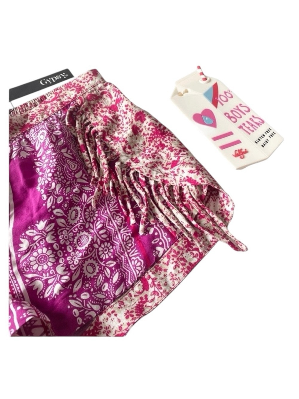 new Gypsy05 ꧁ Mixed Print Rayon Voile Fringe Shorts ꧂ Hot Pink Large ꧂ Festival - Picture 10 of 16